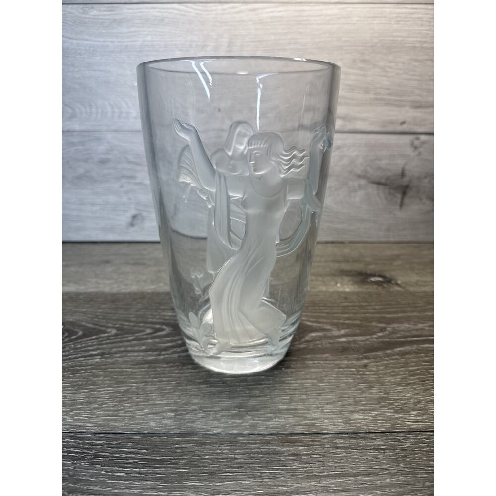VTG 1940 Verlys Crystal Glass Vase Raised Seasons SPRING Carl Schmitz~ Signed